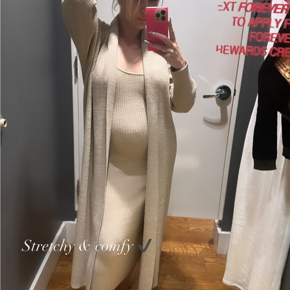 Beige Knit Long Cardigan Sweater & Dress Set